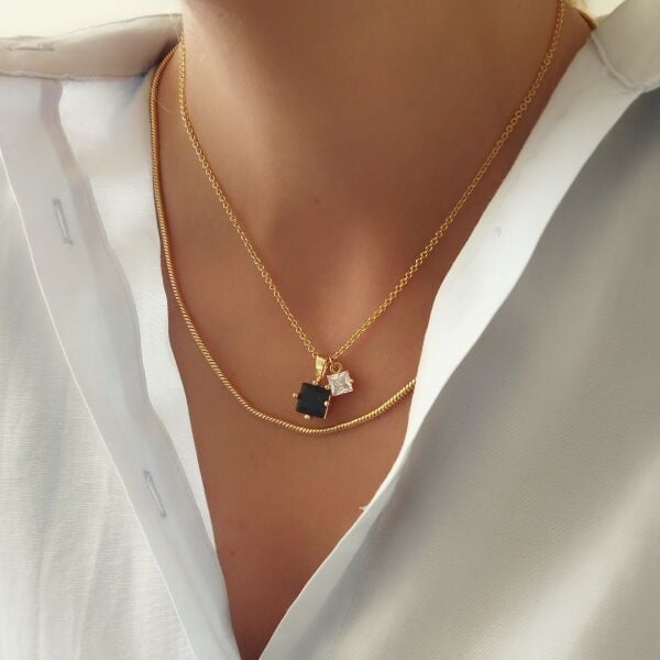 2'Lİ KARE ZİRKON KOLYE ( DARK BLUE )